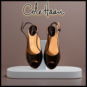 Cole Haan Air Women's Black Patent Leather Peep-Toe Slingback Heels Size 9 AA